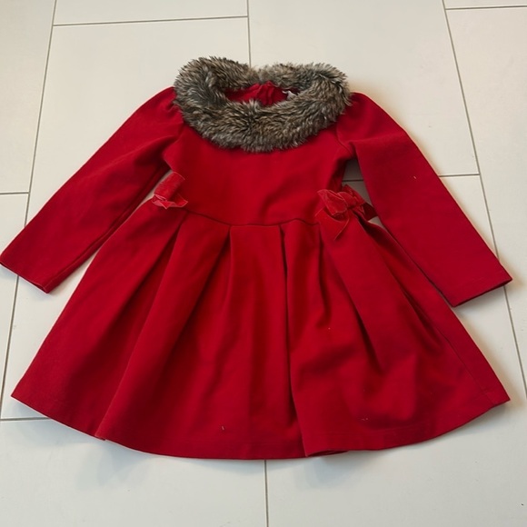 Janie & Jack Red Fur Collar Dress with bows 3T - Picture 1 of 4